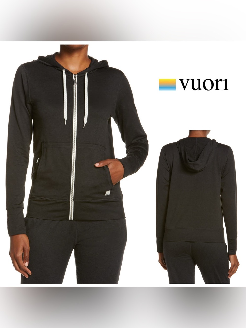 NWOT Vuori Halo Performance Black Full-Zip Hoodie with White Drawcords